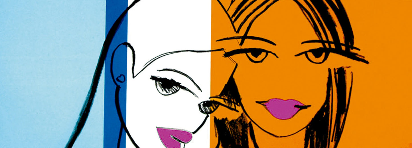 Pareja sobre azules y naranja